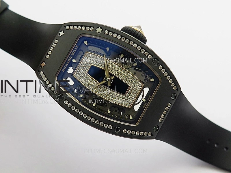 RM07 Real Black Ceramic Diamond Bezel YG ZF Best Edition Black MOP Diamond Skeleton Dial On Black Rubber Strap Asian CRMA2 Clone