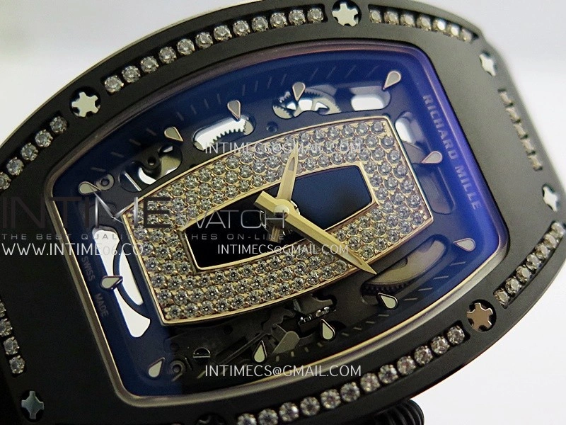 RM07 Real Black Ceramic Diamond Bezel YG ZF Best Edition Black MOP Diamond Skeleton Dial On Black Rubber Strap Asian CRMA2 Clone
