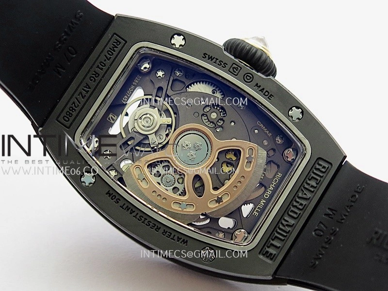 RM07 Real Black Ceramic Diamond Bezel YG ZF Best Edition Black MOP Diamond Skeleton Dial On Black Rubber Strap Asian CRMA2 Clone