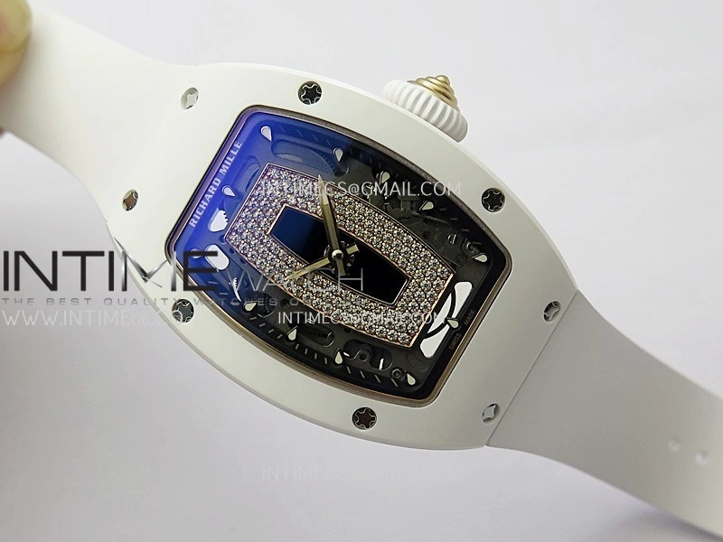 RM07 Real White Ceramic RG ZF Best Edition Black MOP Diamond Skeleton Dial On White Rubber Strap Asian CRMA2 Clone