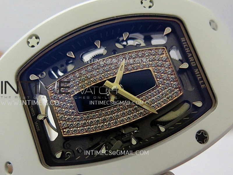 RM07 Real White Ceramic RG ZF Best Edition Black MOP Diamond Skeleton Dial On White Rubber Strap Asian CRMA2 Clone