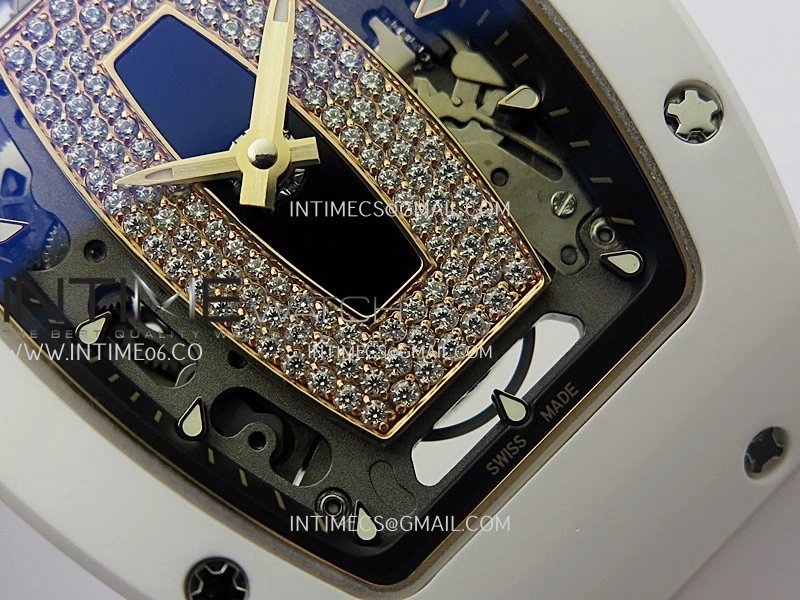 RM07 Real White Ceramic RG ZF Best Edition Black MOP Diamond Skeleton Dial On White Rubber Strap Asian CRMA2 Clone
