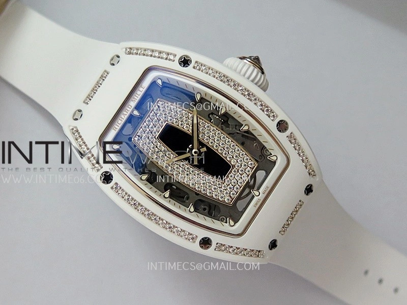 RM07 Real White Ceramic Diamond Bezel YG ZF Best Edition Black MOP Diamond Skeleton Dial On White Rubber Strap Asian CRMA2 Clone