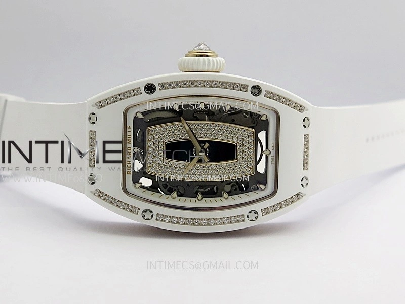RM07 Real White Ceramic Diamond Bezel YG ZF Best Edition Black MOP Diamond Skeleton Dial On White Rubber Strap Asian CRMA2 Clone