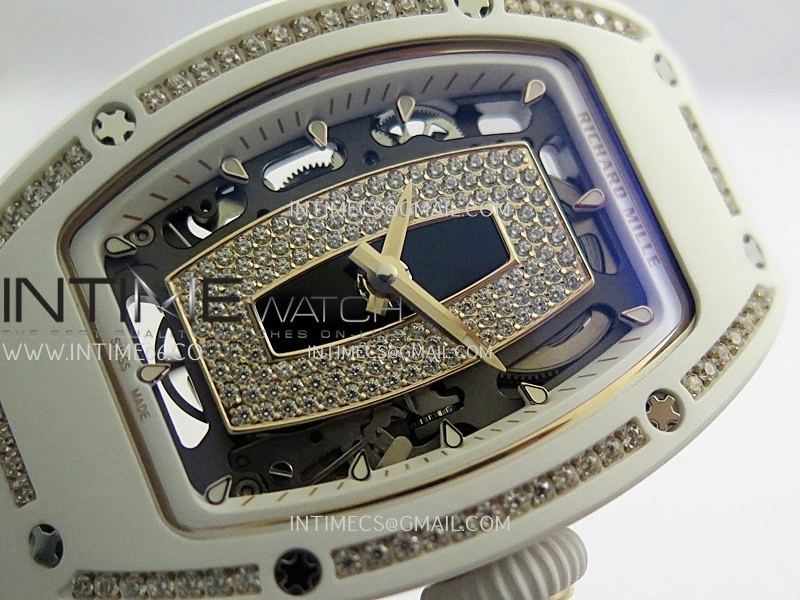 RM07 Real White Ceramic Diamond Bezel YG ZF Best Edition Black MOP Diamond Skeleton Dial On White Rubber Strap Asian CRMA2 Clone