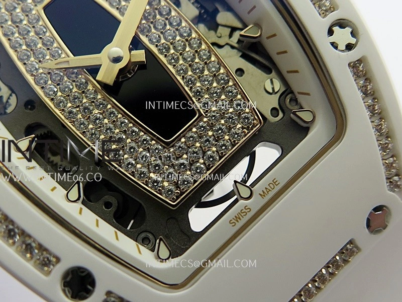 RM07 Real White Ceramic Diamond Bezel YG ZF Best Edition Black MOP Diamond Skeleton Dial On White Rubber Strap Asian CRMA2 Clone