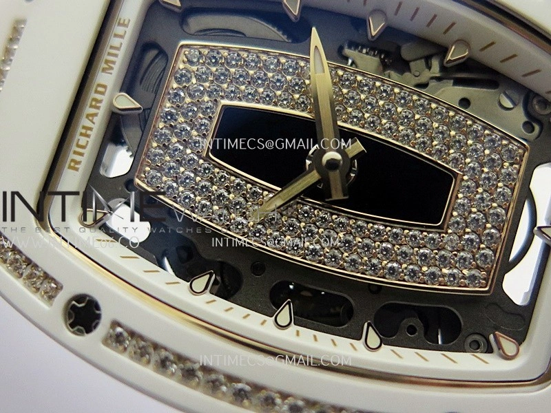 RM07 Real White Ceramic Diamond Bezel YG ZF Best Edition Black MOP Diamond Skeleton Dial On White Rubber Strap Asian CRMA2 Clone