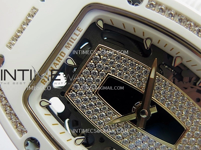 RM07 Real White Ceramic Diamond Bezel YG ZF Best Edition Black MOP Diamond Skeleton Dial On White Rubber Strap Asian CRMA2 Clone