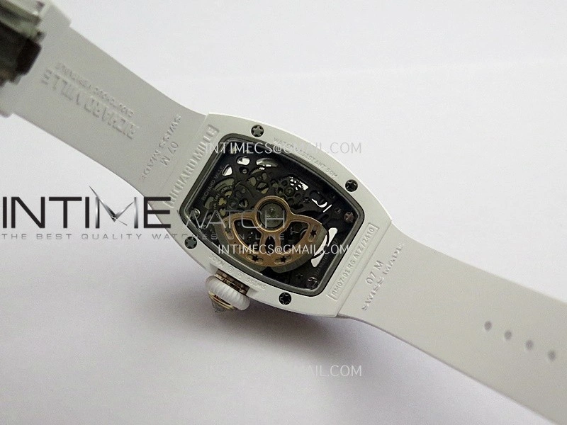 RM07 Real White Ceramic Diamond Bezel YG ZF Best Edition Black MOP Diamond Skeleton Dial On White Rubber Strap Asian CRMA2 Clone