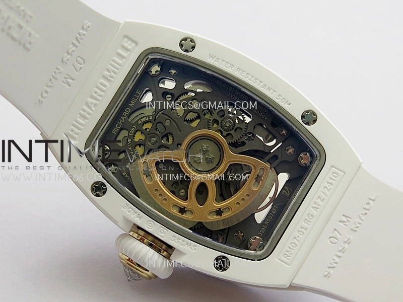 RM07 Real White Ceramic Diamond Bezel YG ZF Best Edition Black MOP Diamond Skeleton Dial On White Rubber Strap Asian CRMA2 Clone