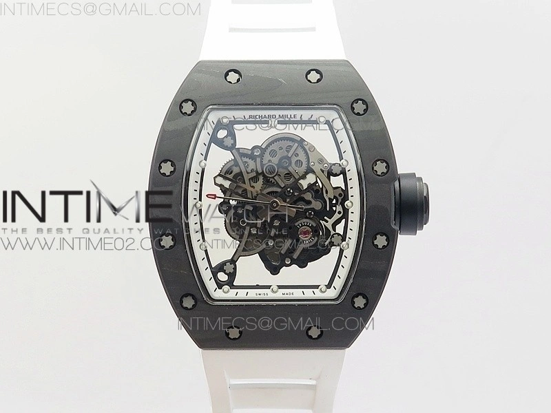 RM055 Ti Case KVF Best Edition Carbon Bezel Skeleton Dial Black Crown on White Rubber Strap MIYOTA8215