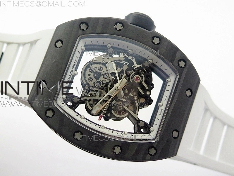 RM055 Ti Case KVF Best Edition Carbon Bezel Skeleton Dial Black Crown on White Rubber Strap MIYOTA8215
