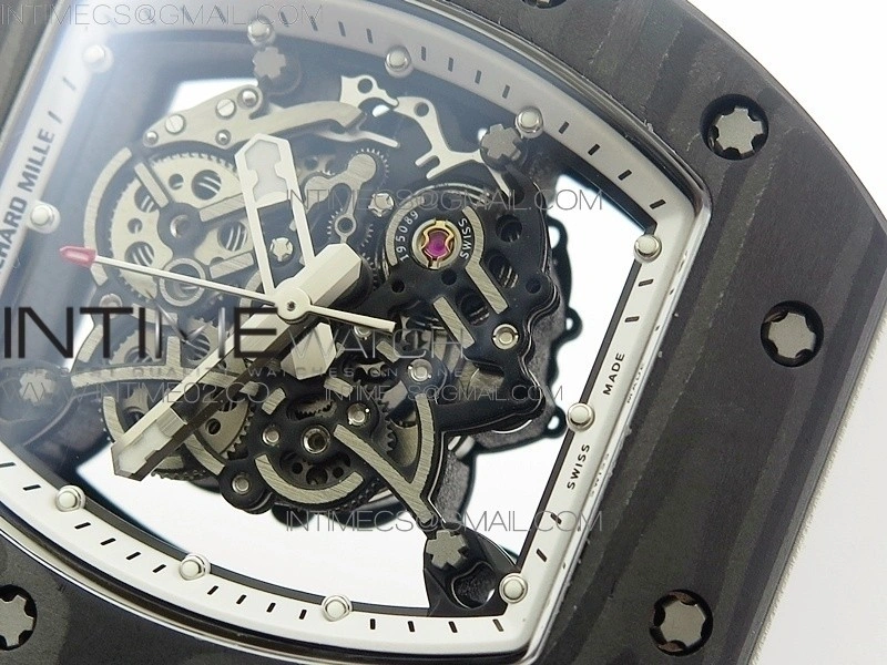 RM055 Ti Case KVF Best Edition Carbon Bezel Skeleton Dial Black Crown on White Rubber Strap MIYOTA8215