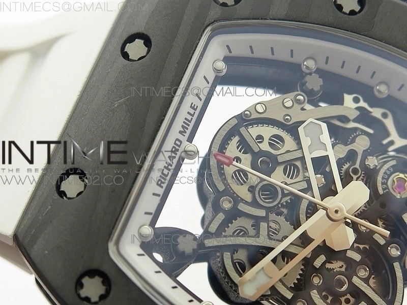 RM055 Ti Case KVF Best Edition Carbon Bezel Skeleton Dial Black Crown on White Rubber Strap MIYOTA8215
