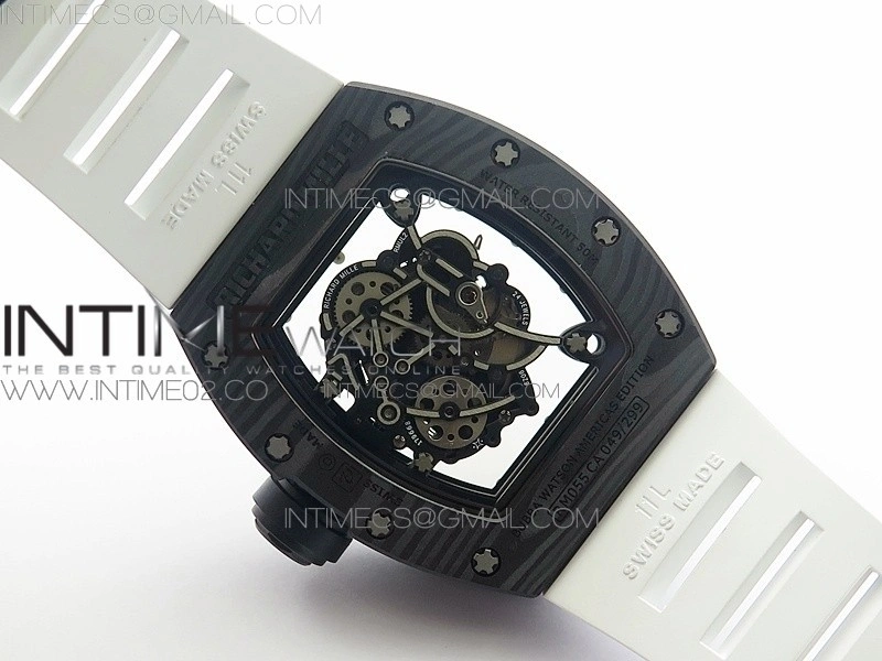 RM055 Ti Case KVF Best Edition Carbon Bezel Skeleton Dial Black Crown on White Rubber Strap MIYOTA8215