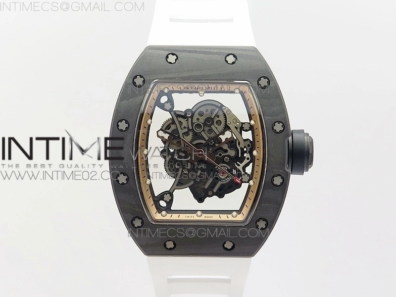 RM055 Carbon Case KVF Best Edition Carbon Bezel Skeleton Dial Black Crown on White Rubber Strap MIYOTA8215