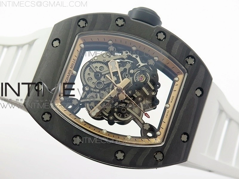 RM055 Carbon Case KVF Best Edition Carbon Bezel Skeleton Dial Black Crown on White Rubber Strap MIYOTA8215