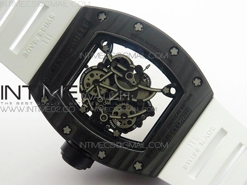 RM055 Carbon Case KVF Best Edition Carbon Bezel Skeleton Dial Black Crown on White Rubber Strap MIYOTA8215