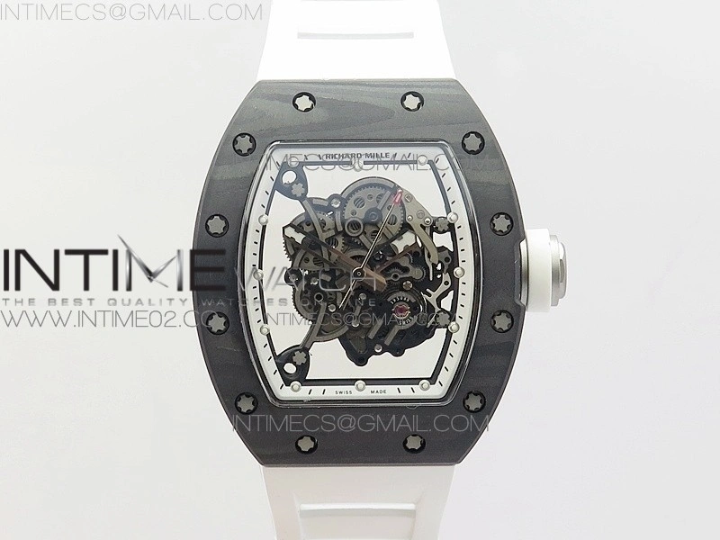 RM055 Ti Case KVF Best Edition Carbon Bezel Skeleton Dial White Crown on White Rubber Strap MIYOTA8215