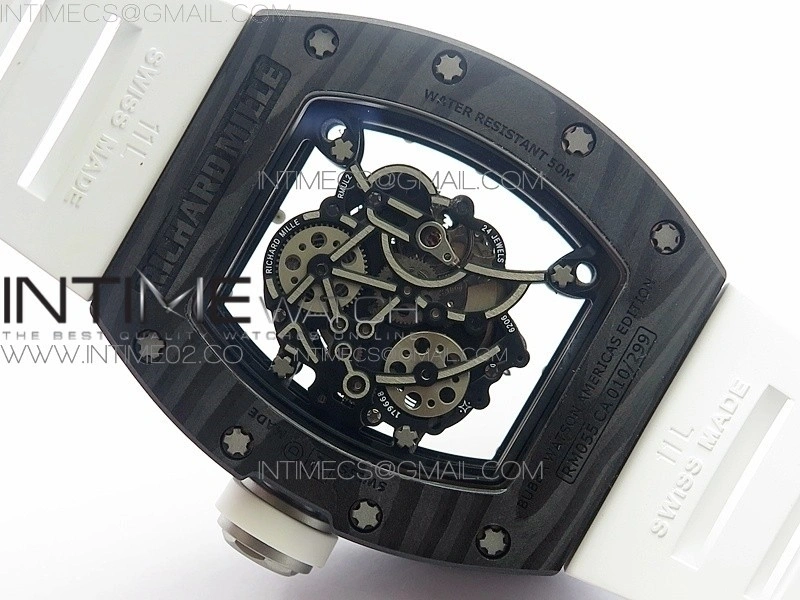 RM055 Ti Case KVF Best Edition Carbon Bezel Skeleton Dial White Crown on White Rubber Strap MIYOTA8215