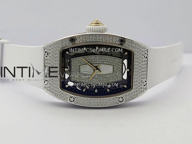 RM07 Paved Snowflake Cut Diamonds SS ZF Best Edition White MOP Diamond Skeleton Dial On White Rubber Strap Asian CRMA2 Clone