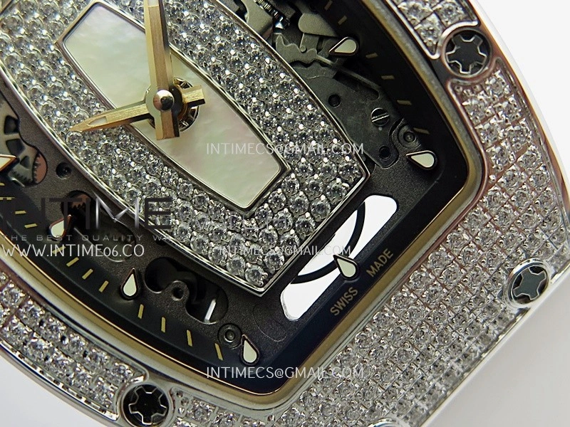 RM07 Paved Snowflake Cut Diamonds SS ZF Best Edition White MOP Diamond Skeleton Dial On White Rubber Strap Asian CRMA2 Clone