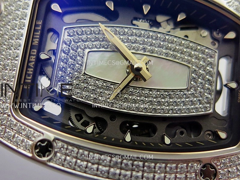 RM07 Paved Snowflake Cut Diamonds SS ZF Best Edition White MOP Diamond Skeleton Dial On White Rubber Strap Asian CRMA2 Clone