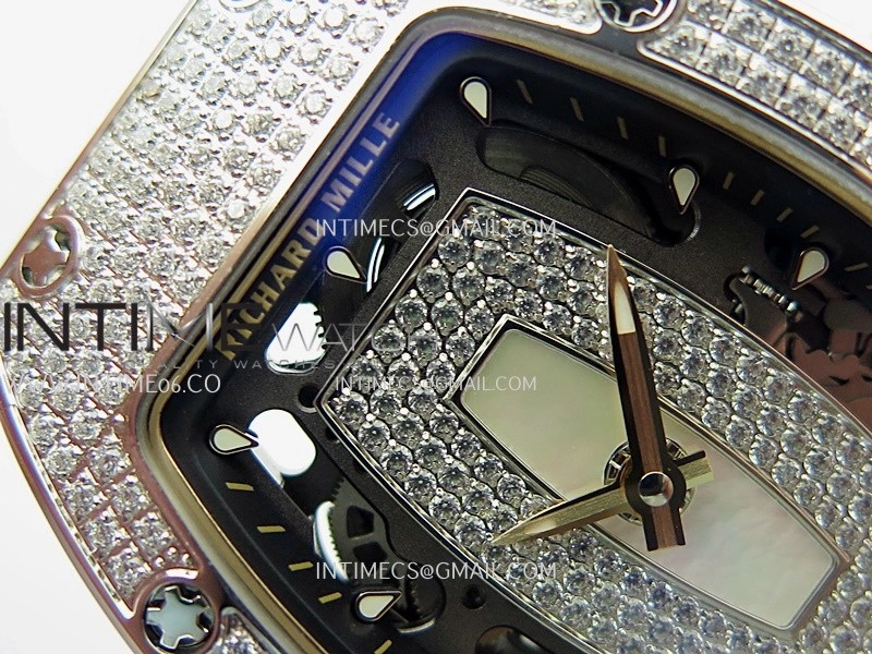 RM07 Paved Snowflake Cut Diamonds SS ZF Best Edition White MOP Diamond Skeleton Dial On White Rubber Strap Asian CRMA2 Clone