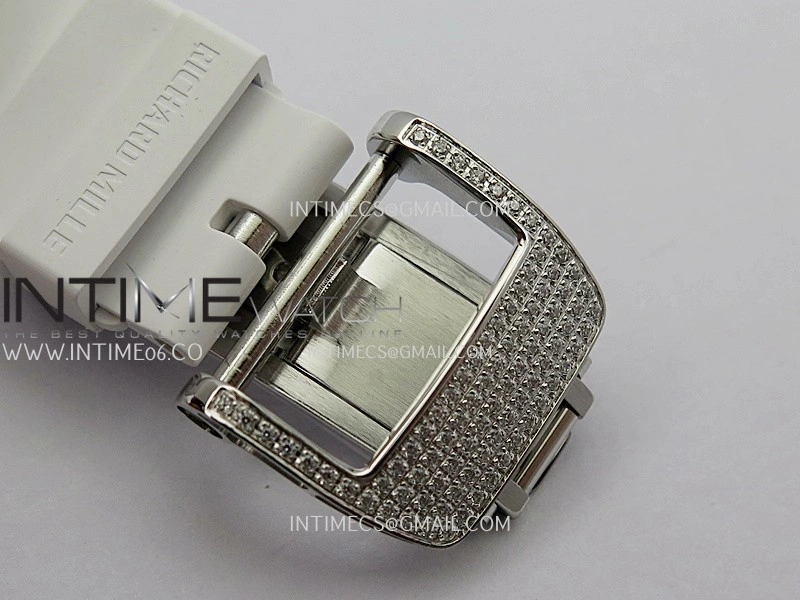 RM07 Paved Snowflake Cut Diamonds SS ZF Best Edition White MOP Diamond Skeleton Dial On White Rubber Strap Asian CRMA2 Clone