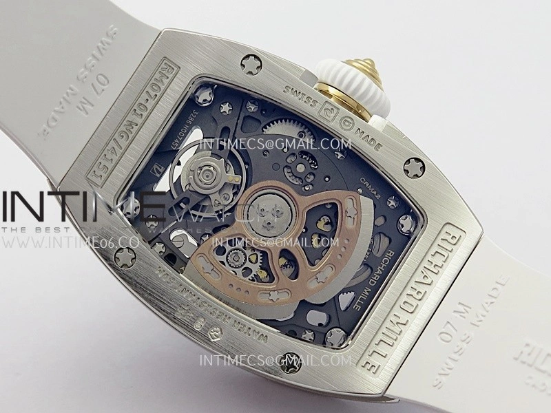 RM07 Paved Snowflake Cut Diamonds SS ZF Best Edition White MOP Diamond Skeleton Dial On White Rubber Strap Asian CRMA2 Clone