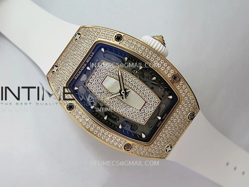 RM07 Paved Snowflake Cut Diamonds RG ZF Best Edition White MOP Diamond Skeleton Dial On White Rubber Strap Asian CRMA2 Clone