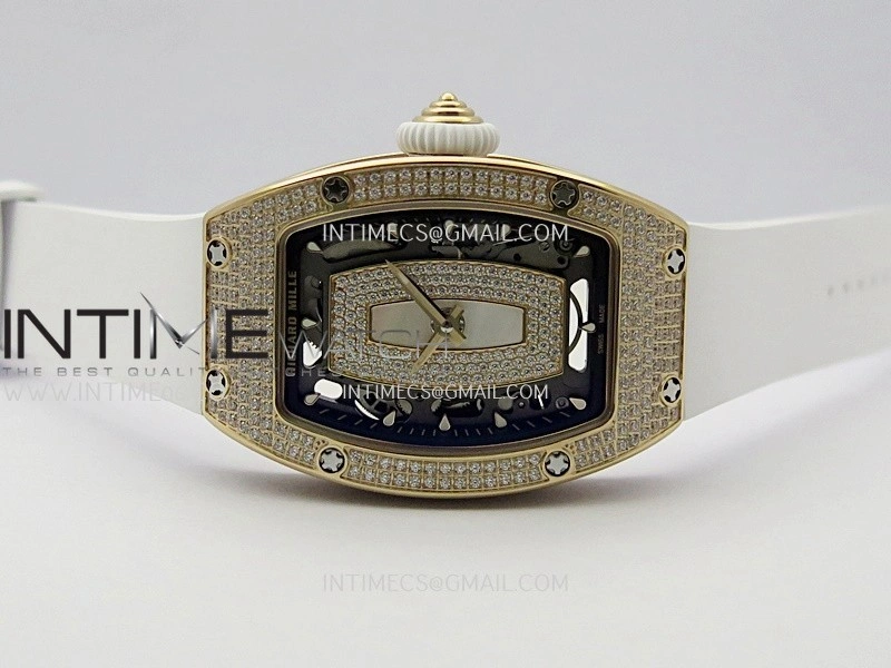 RM07 Paved Snowflake Cut Diamonds RG ZF Best Edition White MOP Diamond Skeleton Dial On White Rubber Strap Asian CRMA2 Clone