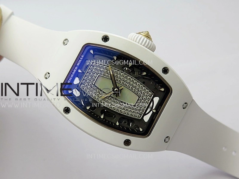 RM07 Real White Ceramic RG ZF Best Edition White MOP Diamond Skeleton Dial On White Rubber Strap Asian CRMA2 Clone