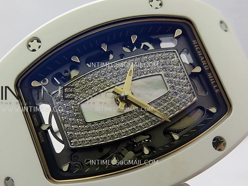 RM07 Real White Ceramic RG ZF Best Edition White MOP Diamond Skeleton Dial On White Rubber Strap Asian CRMA2 Clone