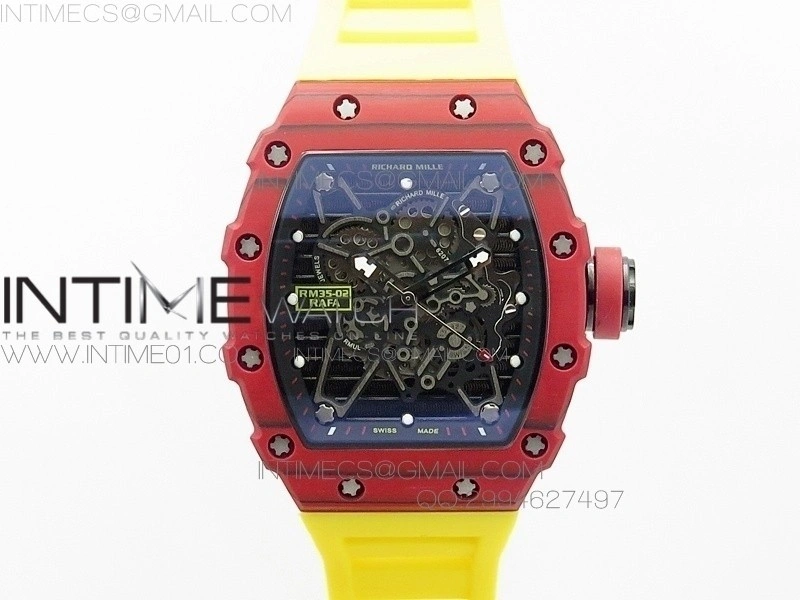 RM 035-2 Red Forged Carbon Black Inner Bezel Skeleton Dial on Yellow Rubber Strap MIYOTA9015