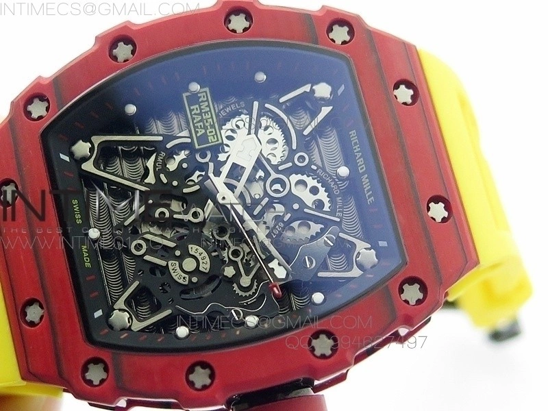 RM 035-2 Red Forged Carbon Black Inner Bezel Skeleton Dial on Yellow Rubber Strap MIYOTA9015