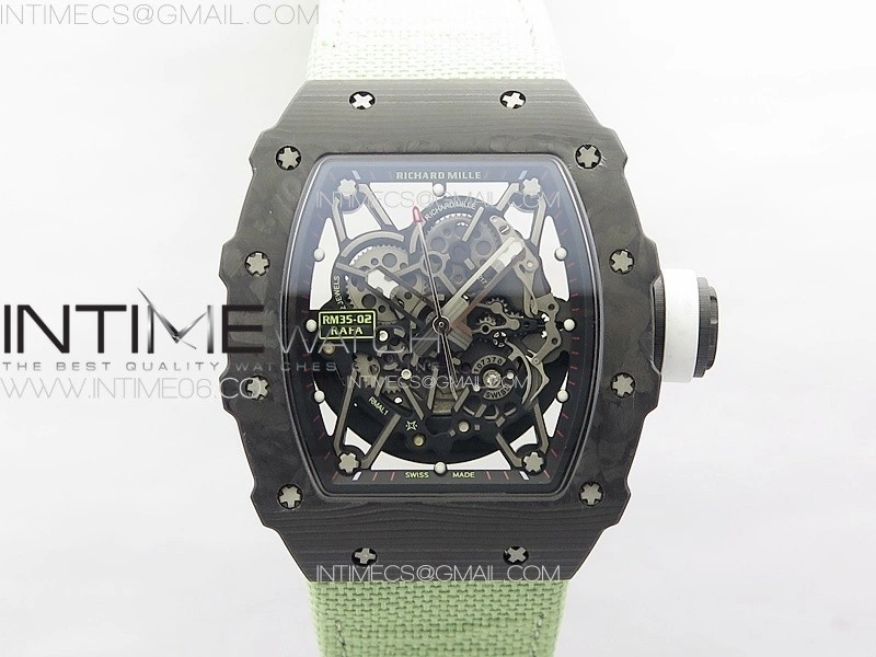 RM035-02 Forged Carbon Case KUF Best Edition White Crown on Green Nylon Strap MIYOTA8215