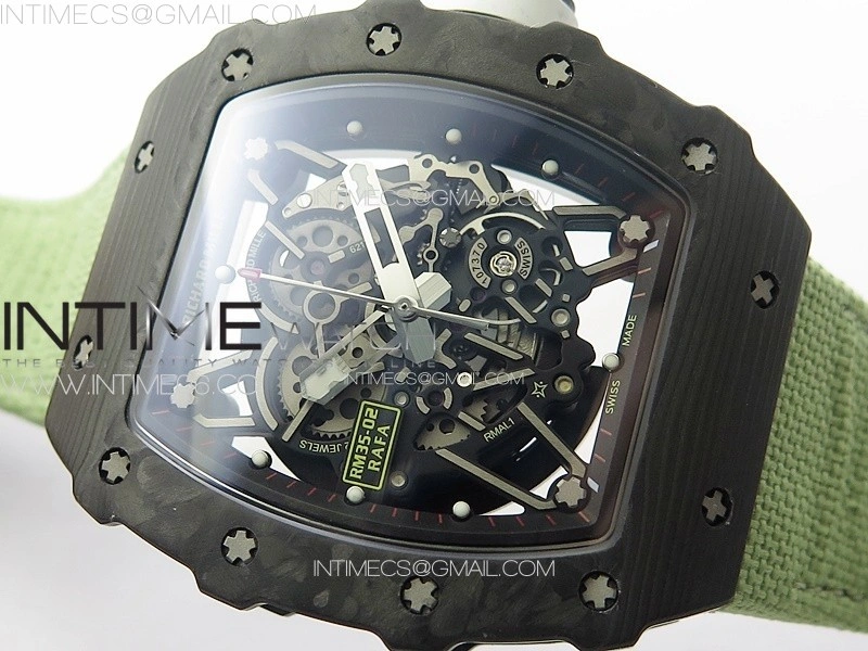 RM035-02 Forged Carbon Case KUF Best Edition White Crown on Green Nylon Strap MIYOTA8215