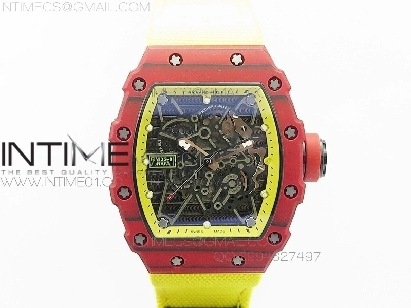RM 035-2 Red Forged Carbon Yellow Inner Bezel Skeleton Dial on Yellow Nylon Strap MIYOTA9015