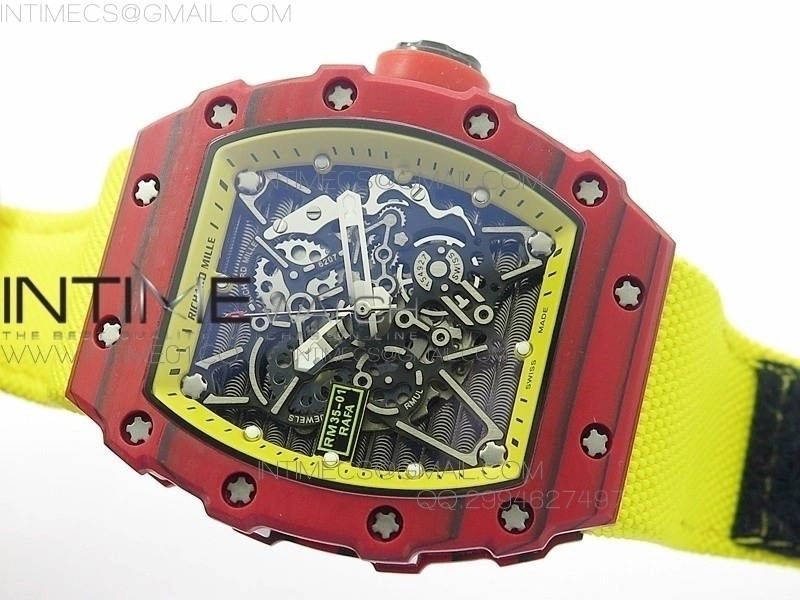 RM 035-2 Red Forged Carbon Yellow Inner Bezel Skeleton Dial on Yellow Nylon Strap MIYOTA9015