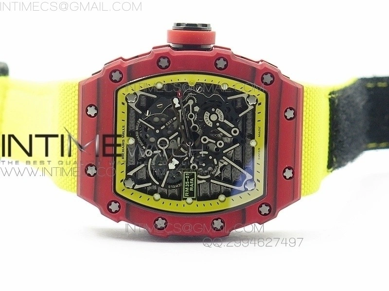 RM 035-2 Red Forged Carbon Yellow Inner Bezel Skeleton Dial on Yellow Nylon Strap MIYOTA9015