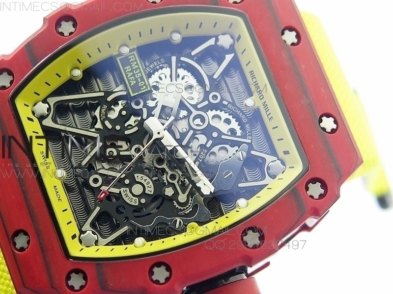 RM 035-2 Red Forged Carbon Yellow Inner Bezel Skeleton Dial on Yellow Nylon Strap MIYOTA9015