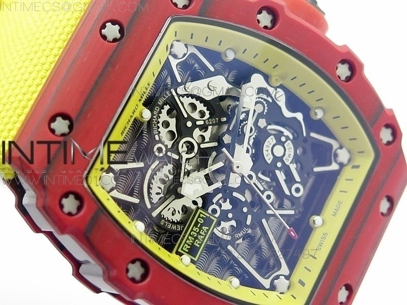 RM 035-2 Red Forged Carbon Yellow Inner Bezel Skeleton Dial on Yellow Nylon Strap MIYOTA9015