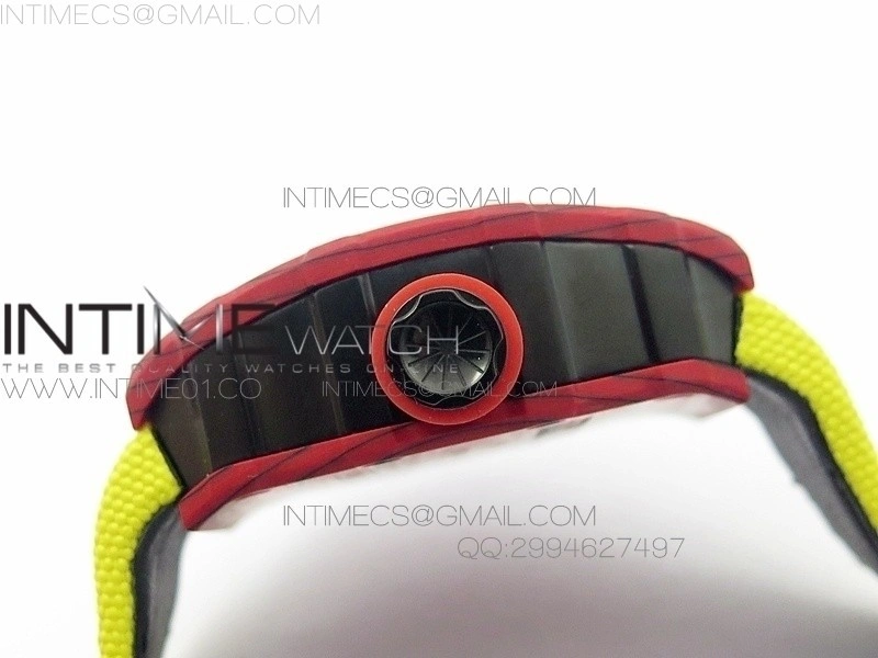 RM 035-2 Red Forged Carbon Yellow Inner Bezel Skeleton Dial on Yellow Nylon Strap MIYOTA9015