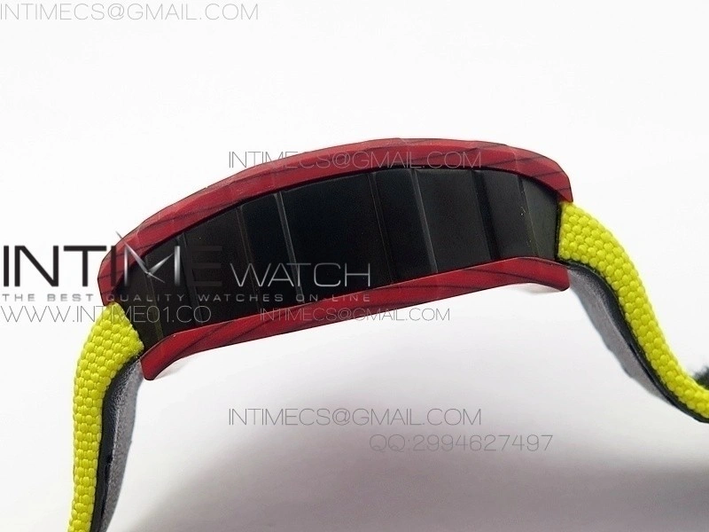 RM 035-2 Red Forged Carbon Yellow Inner Bezel Skeleton Dial on Yellow Nylon Strap MIYOTA9015