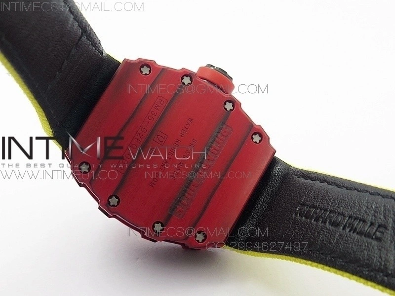 RM 035-2 Red Forged Carbon Yellow Inner Bezel Skeleton Dial on Yellow Nylon Strap MIYOTA9015