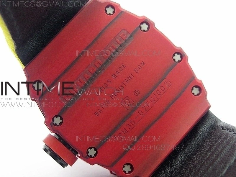 RM 035-2 Red Forged Carbon Yellow Inner Bezel Skeleton Dial on Yellow Nylon Strap MIYOTA9015