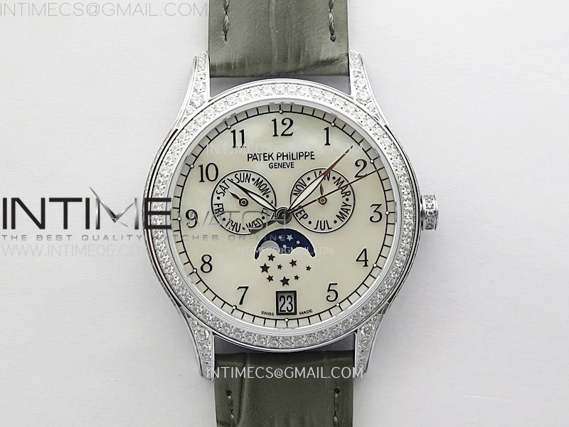 Annual Calendar 4947G Full Paved Diamonds N1F Best Edition White MOP Dial on Green Leather Strap A324