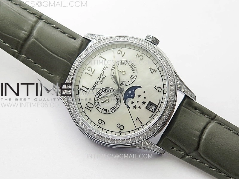 Annual Calendar 4947G Full Paved Diamonds N1F Best Edition White MOP Dial on Green Leather Strap A324