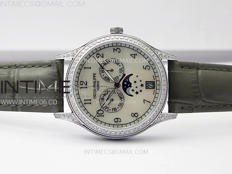 Annual Calendar 4947G Full Paved Diamonds N1F Best Edition White MOP Dial on Green Leather Strap A324